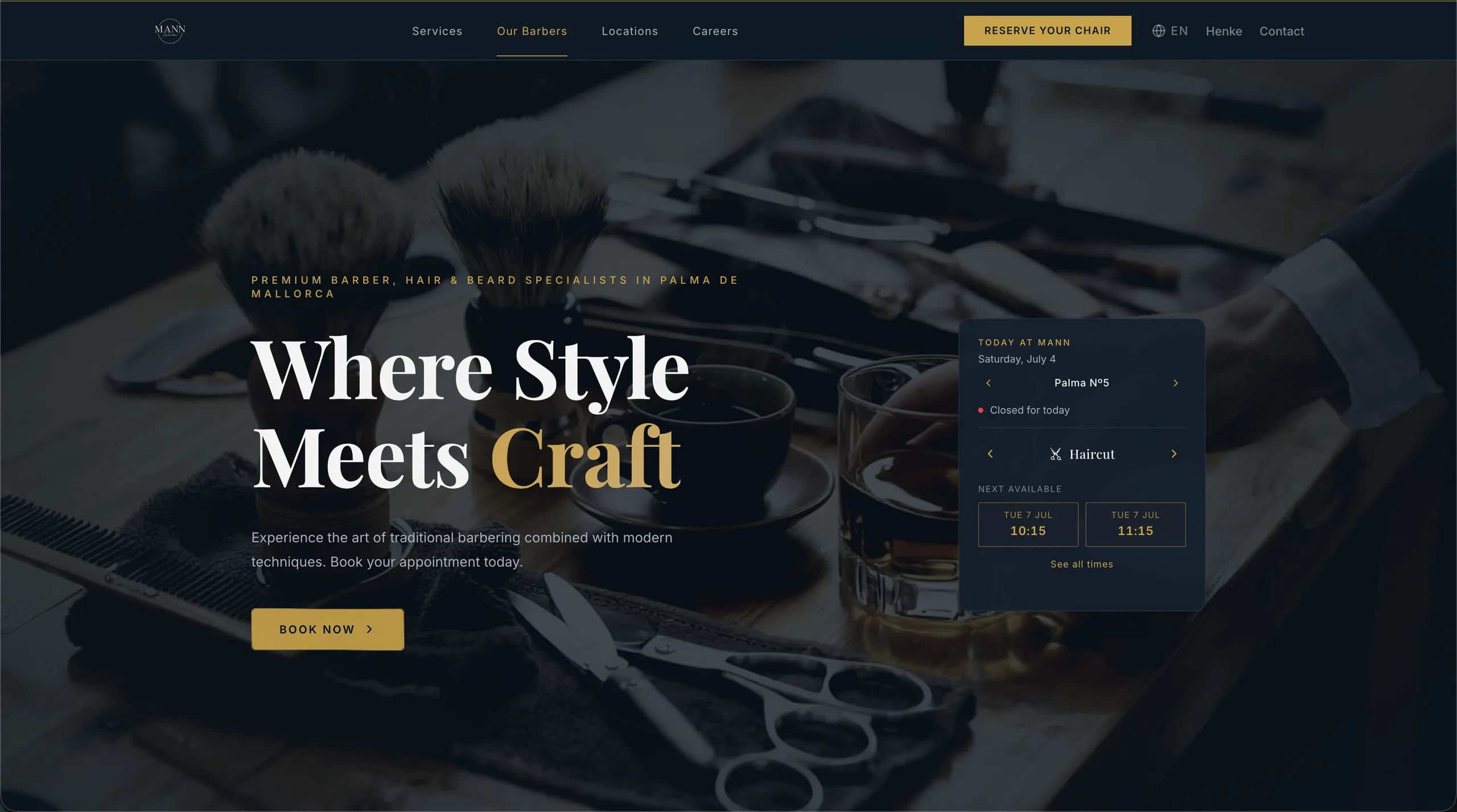 Mann Barber Bar homepage with the online booking flow